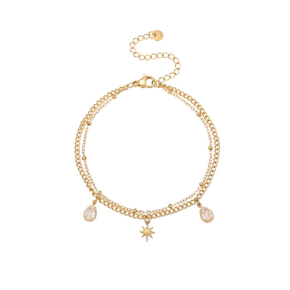Wholesale Fashion Doublelayer Stacked Clavicle Chain Stainless Steel Bracelet With Geometric Pattern And Eightpointed Star Inlaid With Zircon For Women Electroplated