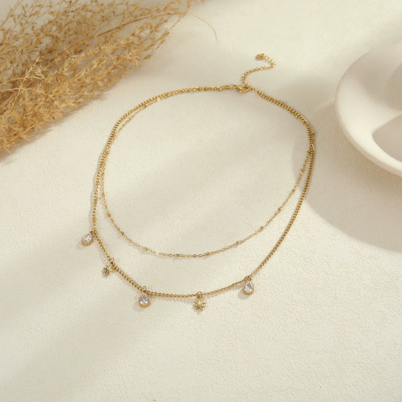 Wholesale Fashion Doublelayer Stacked Clavicle Chain Stainless Steel Bracelet With Geometric Pattern And Eightpointed Star Inlaid With Zircon For Women Electroplated
