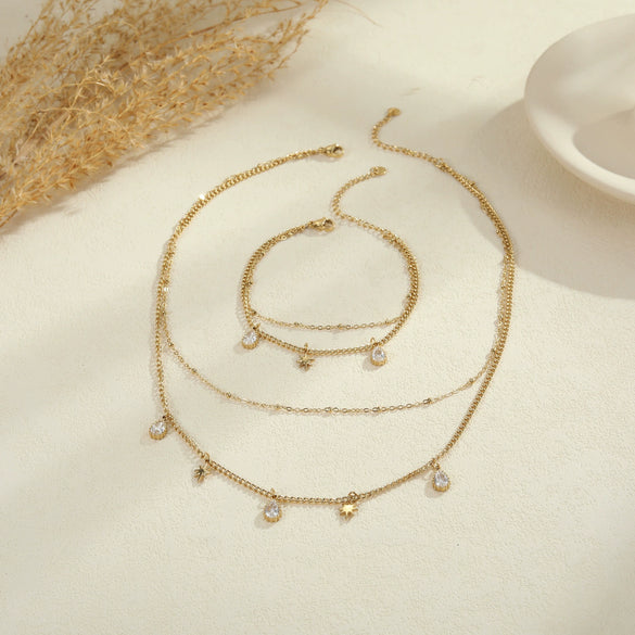 Wholesale Fashion Doublelayer Stacked Clavicle Chain Stainless Steel Bracelet With Geometric Pattern And Eightpointed Star Inlaid With Zircon For Women Electroplated
