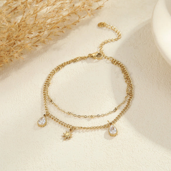 Wholesale Fashion Doublelayer Stacked Clavicle Chain Stainless Steel Bracelet With Geometric Pattern And Eightpointed Star Inlaid With Zircon For Women Electroplated