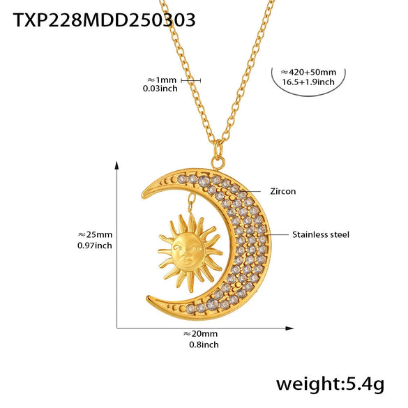 Wholesale Fashion Exquisite Creative Sun Moon Glow Inlaid Zircon Titanium Steel Ring And Clavicle Necklace With Electroplating
