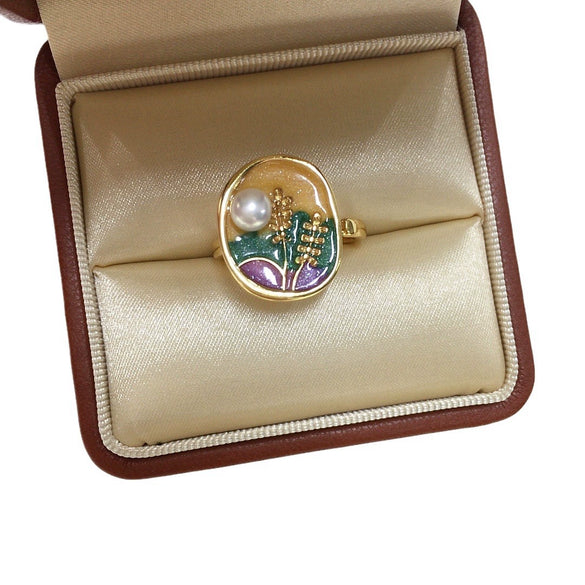 Wholesale Fashion Exquisite Retro Freshwater Pearl Ring With Oil Painting Style And Round Shape