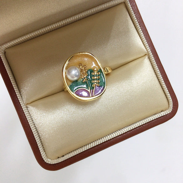 Wholesale Fashion Exquisite Retro Freshwater Pearl Ring With Oil Painting Style And Round Shape