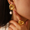 Wholesale Fashion Flower Ring And Freshwater Pearl Earrings Rose Earrings Stainless Steel Jewelry Suit With Pvd Furnace Real Gold Electroplating For Women