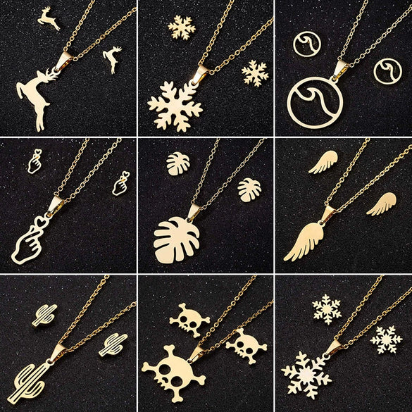 Wholesale Fashion Geometric Flying Deer Snowflake Feather Hollow Skull Stainless Steel Earrings Necklace With Electroplating For Women