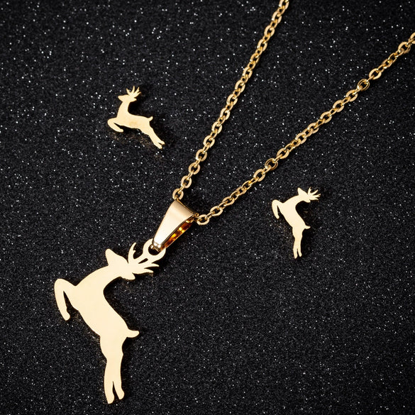 Wholesale Fashion Geometric Flying Deer Snowflake Feather Hollow Skull Stainless Steel Earrings Necklace With Electroplating For Women