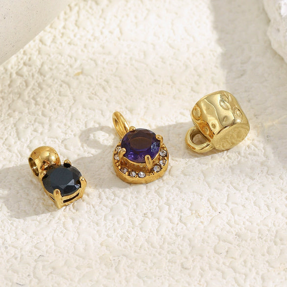 Wholesale Fashion Geometric Solid Barrel Bead Jewelry Accessories Stainless Steel 18K Gold Plated Round Zirconium Pendant For Women