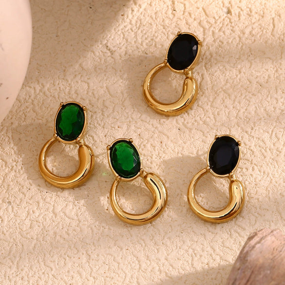 Wholesale Fashion Geometric Stainless Steel 18K Gold Plated Earrings For Women With Black And Green Zirconium