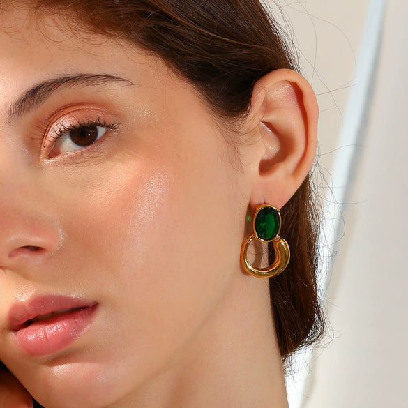 Wholesale Fashion Geometric Stainless Steel 18K Gold Plated Earrings For Women With Black And Green Zirconium