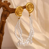 Wholesale Fashion Geometric Stainless Steel 18K Gold Plated Imitation Pearl Tassel Conch Earrings For Women
