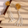 Wholesale Fashion Geometric Stainless Steel 18K Gold Plated Imitation Pearl Tassel Conch Earrings For Women