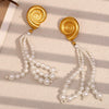 Wholesale Fashion Geometric Stainless Steel 18K Gold Plated Imitation Pearl Tassel Conch Earrings For Women