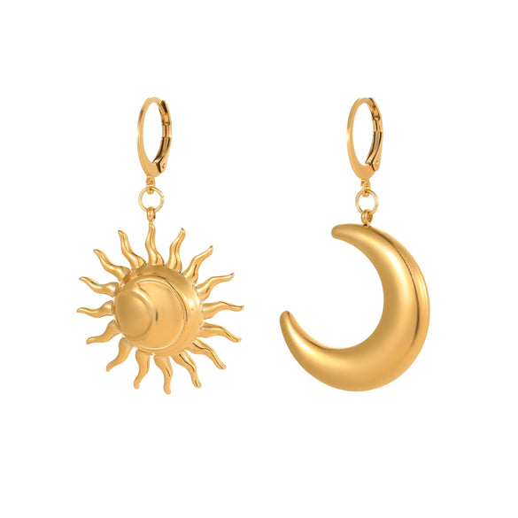 Wholesale Fashion Geometric Titanium Steel And 18K Gold Electroplated Moon Sun Earrings For Women