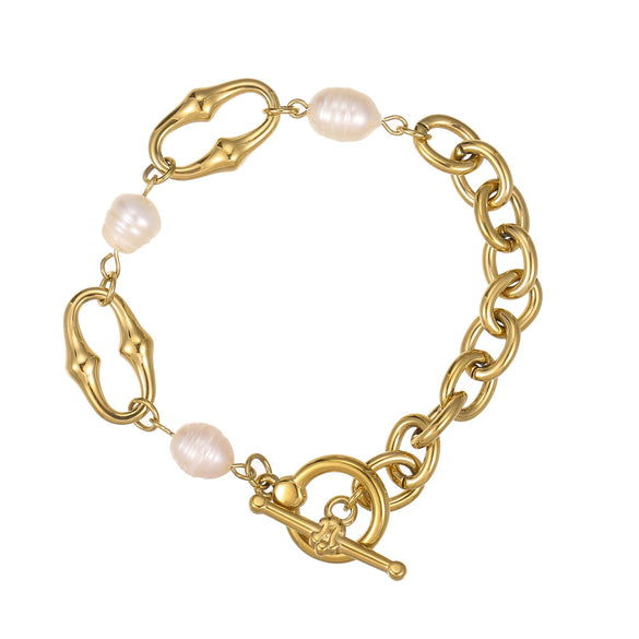 Wholesale Fashion Geometric Titanium Steel Bracelet Inlaid With Shell Beads 18K Goldplated For Women