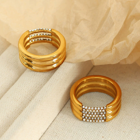 Wholesale Fashion Geometric 316L Stainless Steel 18K Gold Plated Zircon Set Ring For Women