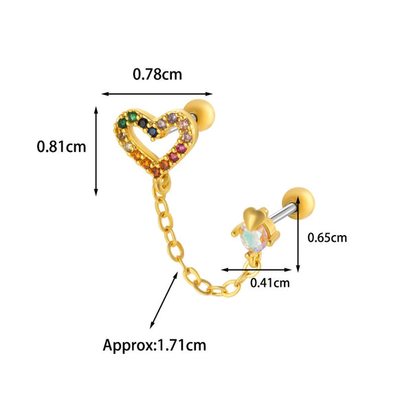 Wholesale Fashion Heart Shaped Copper Jewelry For Women Cartilage Puncture Ear Bone Nail With Zirconium Love Chain And Stainless Steel Rod