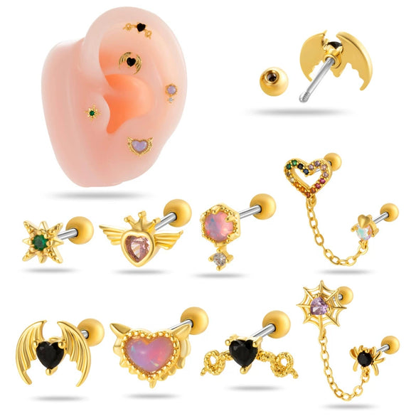 Wholesale Fashion Heart Shaped Copper Jewelry For Women Cartilage Puncture Ear Bone Nail With Zirconium Love Chain And Stainless Steel Rod