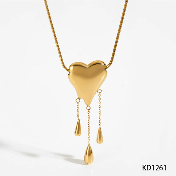 Wholesale Fashion Heartshaped Water Drop Tassel Pendant Necklace In 316 Stainless Steel With Electroplating And Snake Bone Chain For Women