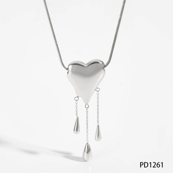 Wholesale Fashion Heartshaped Water Drop Tassel Pendant Necklace In 316 Stainless Steel With Electroplating And Snake Bone Chain For Women