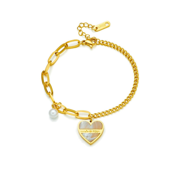 Wholesale Fashion High Retro Irregular Pearl Love Pendant Titanium Steel Bracelet For Women With Geometric Design And Electroplating