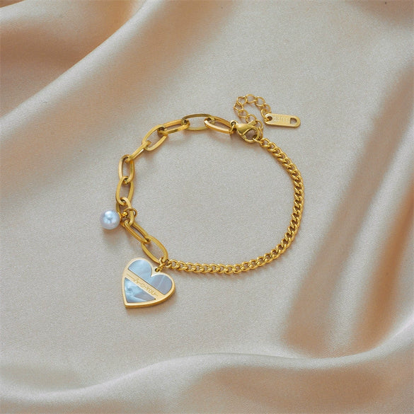 Wholesale Fashion High Retro Irregular Pearl Love Pendant Titanium Steel Bracelet For Women With Geometric Design And Electroplating