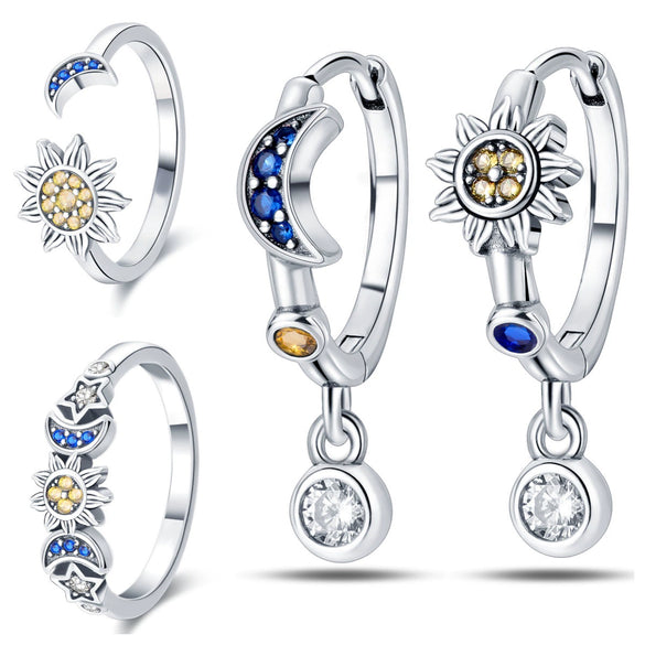 Wholesale Fashion Highgrade Copper Star Moon Earrings And Ring Silver Plated Electroplated