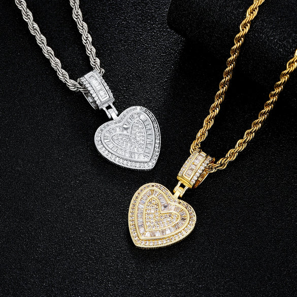 Wholesale Fashion Hip Hop Cool Metal Necklace With Gold Plated Copper Heart Shape Pendant Inlaid With Zircon