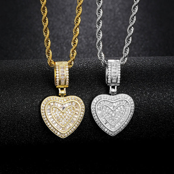 Wholesale Fashion Hip Hop Cool Metal Necklace With Gold Plated Copper Heart Shape Pendant Inlaid With Zircon