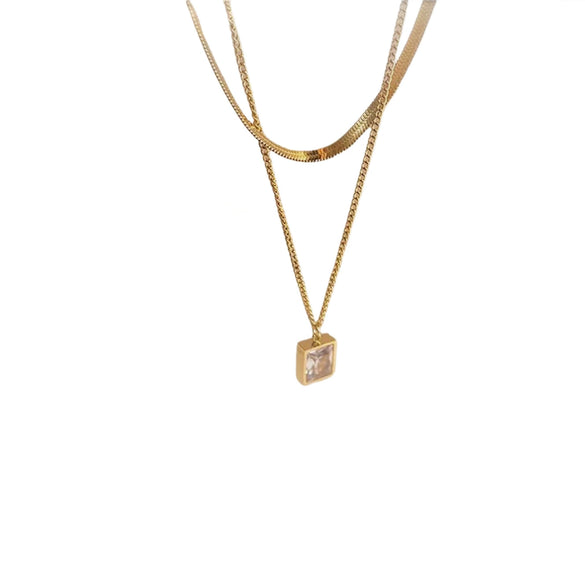 Wholesale Fashion Jewelry Doublelayer Blade Chain Geometric Rhinestone Pendant Electroplated Titanium Steel Accessories For Women Old Money Style