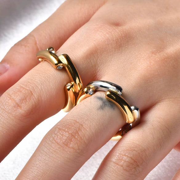 Wholesale Fashion Jewelry Stainless Steel Geometric Round Diamond Ring Gold And Silver Color Matching Electroplated For Women