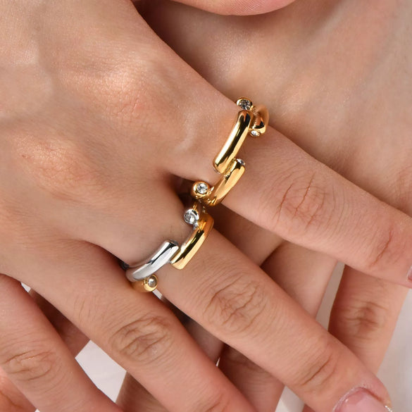 Wholesale Fashion Jewelry Stainless Steel Geometric Round Diamond Ring Gold And Silver Color Matching Electroplated For Women