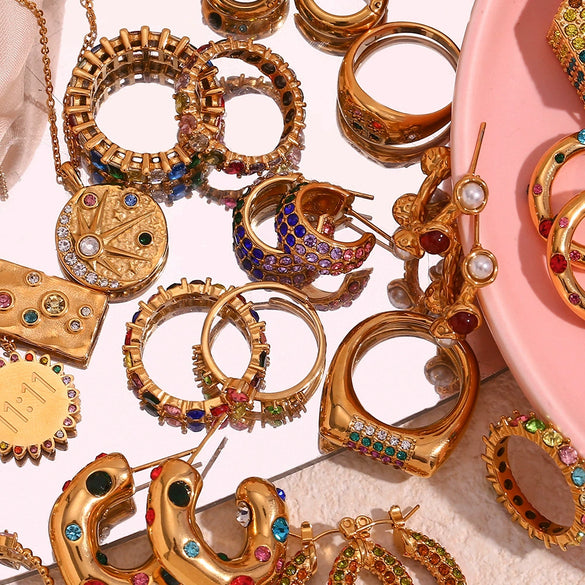 Wholesale Fashion Jewelry Stainless Steel Gold Plated Earrings Necklace And Joker Ring With Heart Water Drop Bell Patterns