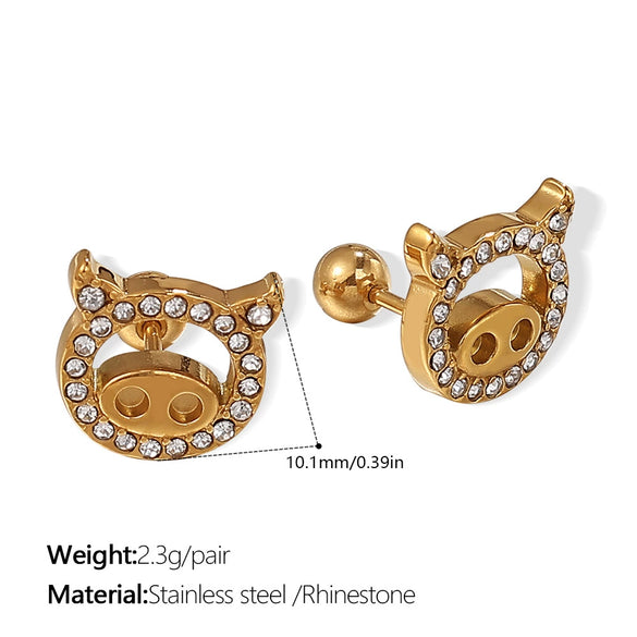 Wholesale Fashion Jewelry Stainless Steel Plated 18K Gold Rhinestone Inlaid Kitten Bear Shaped Earrings