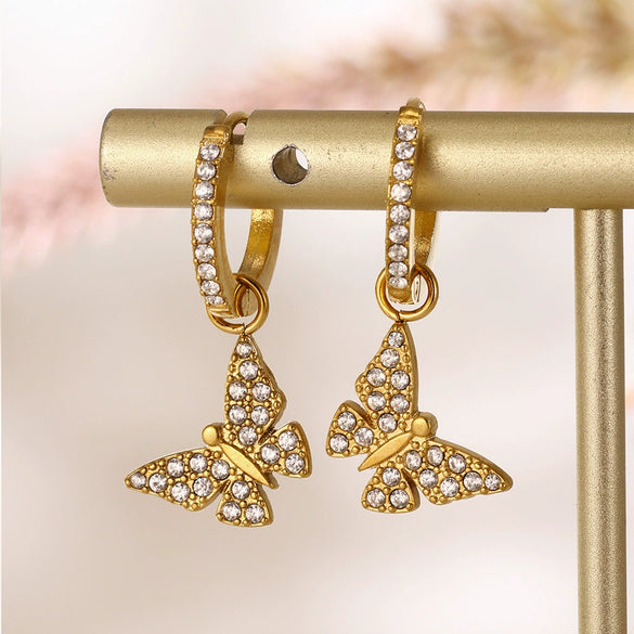 Wholesale Fashion Light Luxury Butterfly Zircon Pendant Earrings Stainless Steel Geometric Electroplated