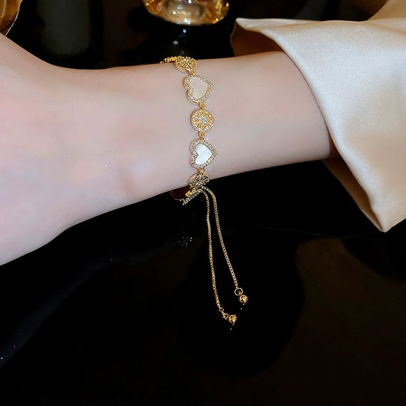 Wholesale Fashion Light Luxury Copper Electroplating Heart Pattern Zircon Flower Love Adjustable Women's Bracelet