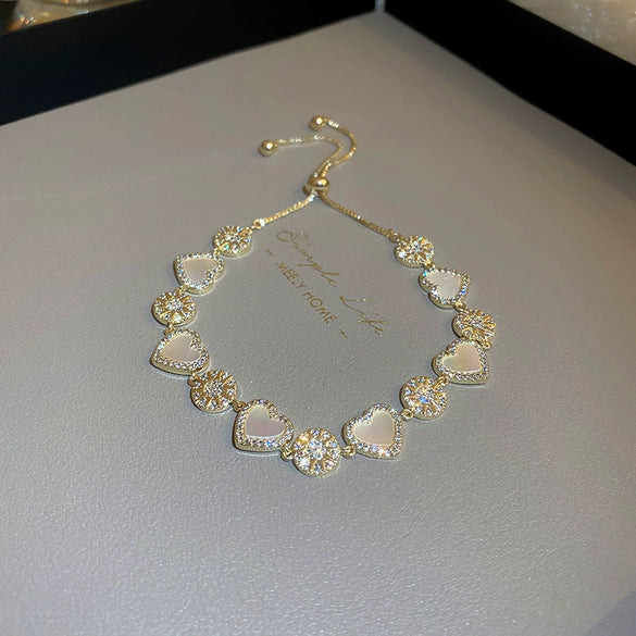 Wholesale Fashion Light Luxury Copper Electroplating Heart Pattern Zircon Flower Love Adjustable Women's Bracelet