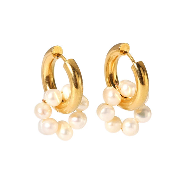 Wholesale Fashion Light Luxury Freshwater Pearl Stainless Steel Earrings With 18K Gold Plated Vacuum Real Gold Electroplating In Pvd Furnace
