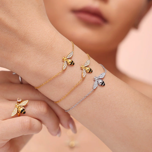 Wholesale Fashion Light Luxury Oil Dropping Zircon Hard Working Bee Double Layer Jewelry Set In Titanium Steel With Electroplating For Women