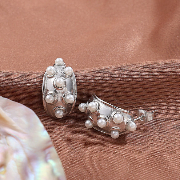 Wholesale Fashion Light Luxury 316L Stainless Steel Inlaid Imitation Pearl Earrings With Electroplating For Women