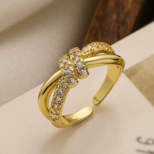 Wholesale Fashion Luxury Copper 18K Gold Plated Zircon Geometric Open Ring For Women Micropaved