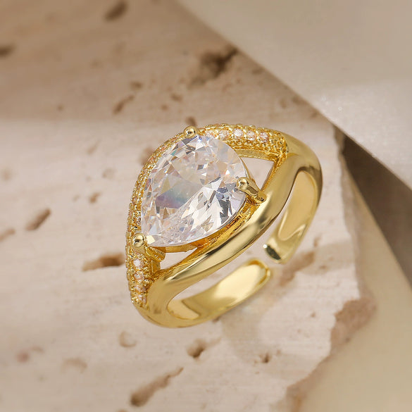 Wholesale Fashion Luxury Copper 18K Gold Plated Zircon Geometric Open Ring For Women Micropaved