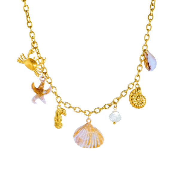Wholesale Fashion Marine Style Stainless Steel Gold Plated Clavicle Chain With Conch Scallop Dolphin Crab Pendant Necklace Animal Zodiac Shaped Electroplated For Women