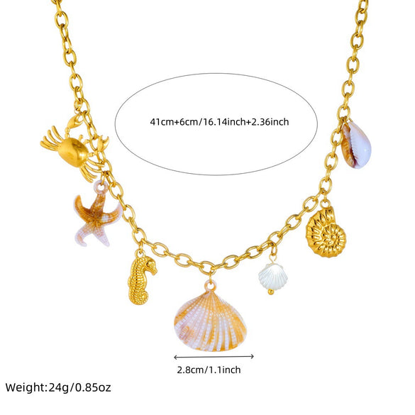 Wholesale Fashion Marine Style Stainless Steel Gold Plated Clavicle Chain With Conch Scallop Dolphin Crab Pendant Necklace Animal Zodiac Shaped Electroplated For Women
