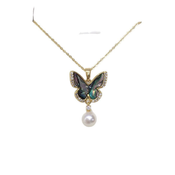 Wholesale Fashion Minimalist Copper Natural Freshwater Pearl Necklace With Abalone Shell Butterfly Pendant