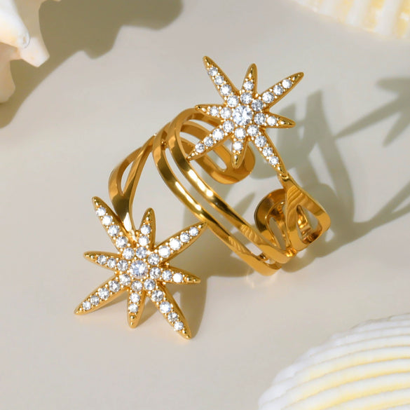 Wholesale Fashion Minimalist Stainless Steel Eightpointed Star Open Cut Out Ring With 18K Gold Electroplating For Women