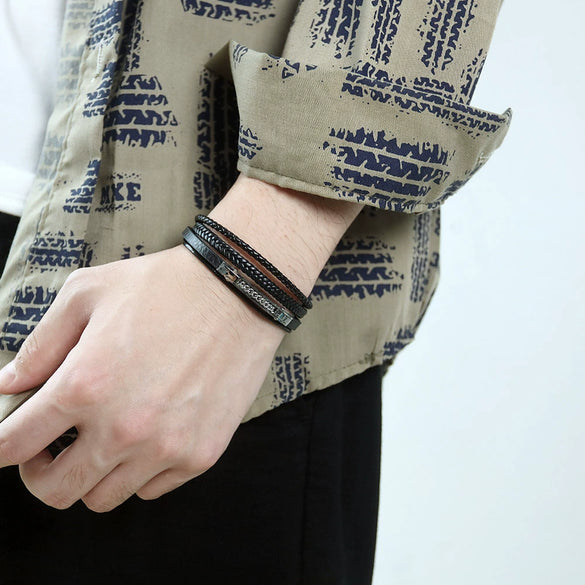 Wholesale Fashion Multilayer Stainless Steel Woven Leather Men's Bracelet Jewelry