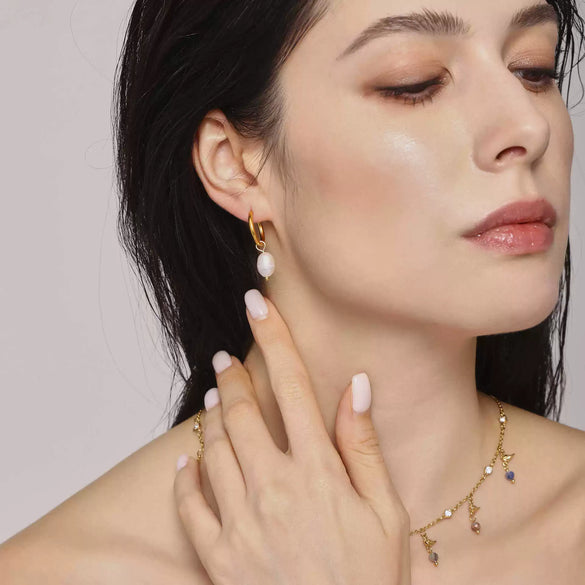 Wholesale Fashion Necklace Freshwater Pearl Stainless Steel Handmade Zircon Lapis Lazilli Clavicle Chain With Geometric Style And Electroplating Process For Women
