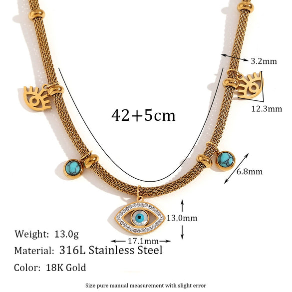 Wholesale Fashion Niche Bracelet And Necklace Set Stainless Steel Geometric Mesh Chain Beads With Turquoise Eye Electroplated For Women