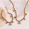 Wholesale Fashion Niche Bracelet And Necklace Set Stainless Steel Geometric Mesh Chain Beads With Turquoise Eye Electroplated For Women
