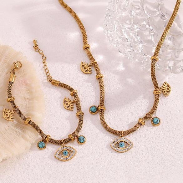 Wholesale Fashion Niche Bracelet And Necklace Set Stainless Steel Geometric Mesh Chain Beads With Turquoise Eye Electroplated For Women